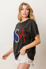 BiBi Metallic Letter Short Dolman Sleeve Top OutfitFlow