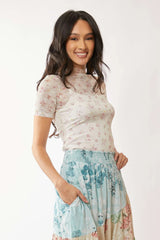 Davi & Dani Floral Mesh Mock Neck Short Sleeve Top OutfitFlow