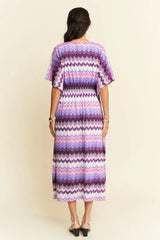 Davi & Dani Multi Color Wavy Tie Waist Flowy Sleeve Dress OutfitFlow