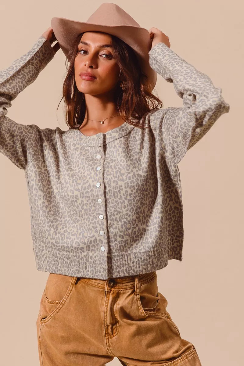 SO ME Two Tone Leopard Vintage Print Button Up Cardigan OutfitFlow