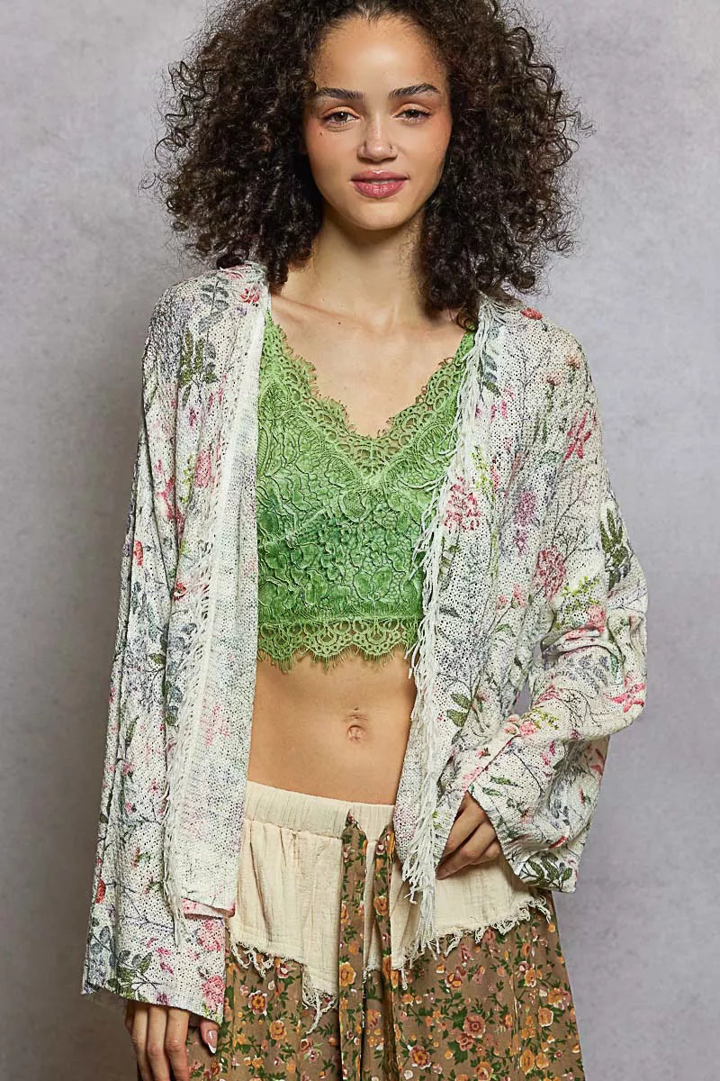 POL Open Front Floral Cardigan with Center Open Fringe OutfitFlow