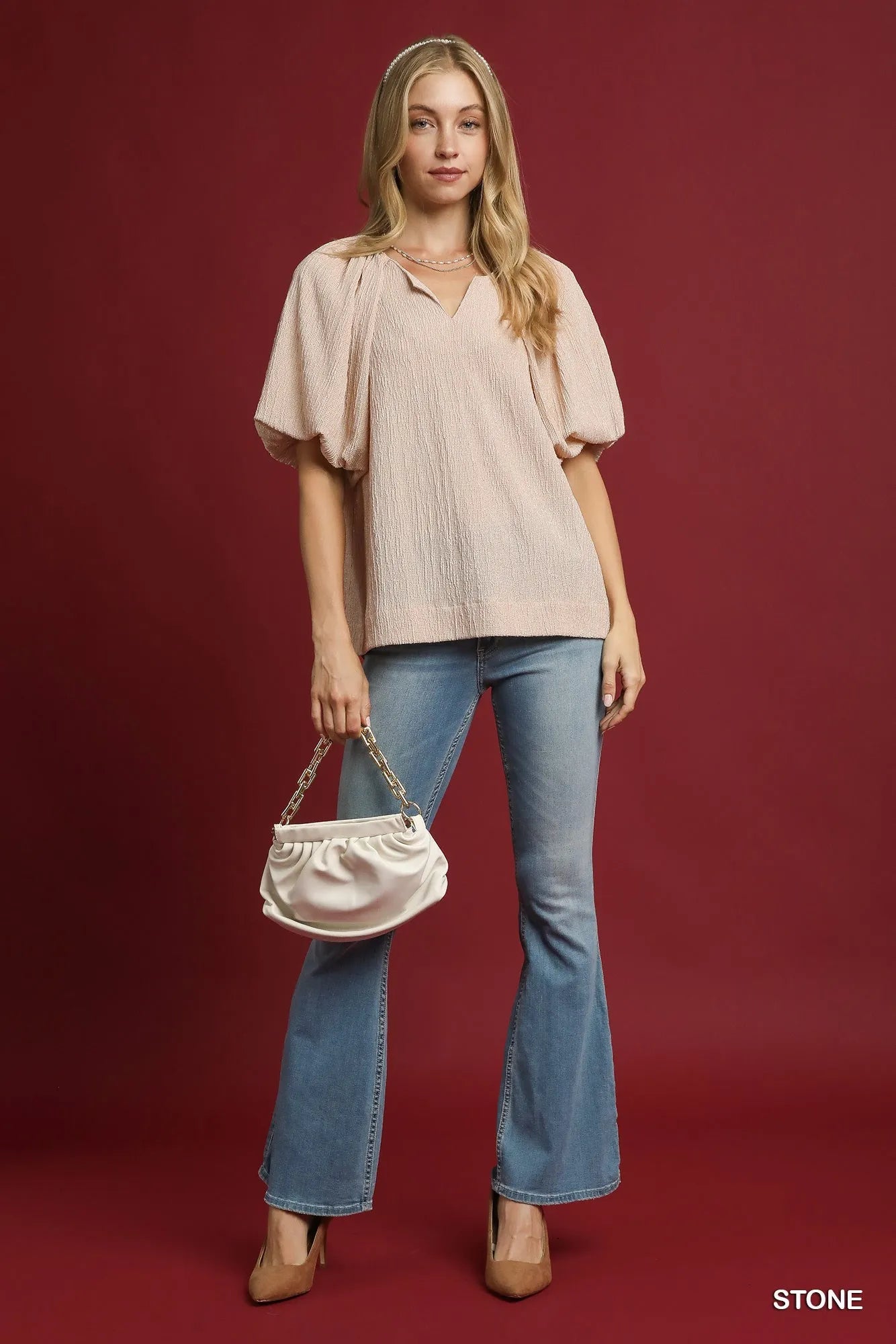Umgee Texture Puff Sleeve Notched Blouse OutfitFlow