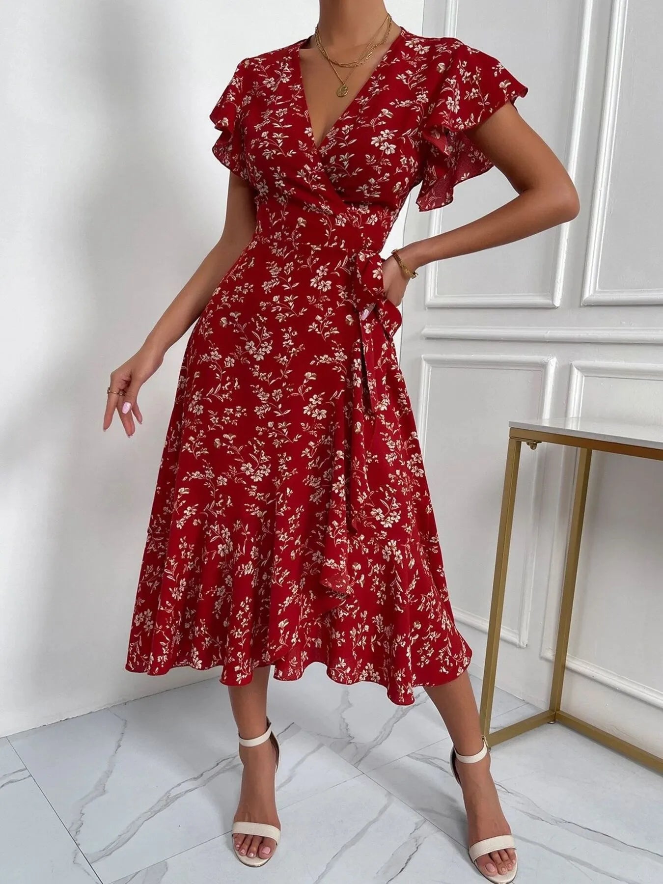 Floral Ruffle Sleeves Midi Dress OutfitFlow