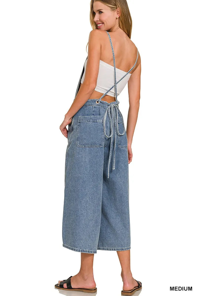 Zenana Denim Medium Washed Wide Leg Overalls Trendsi
