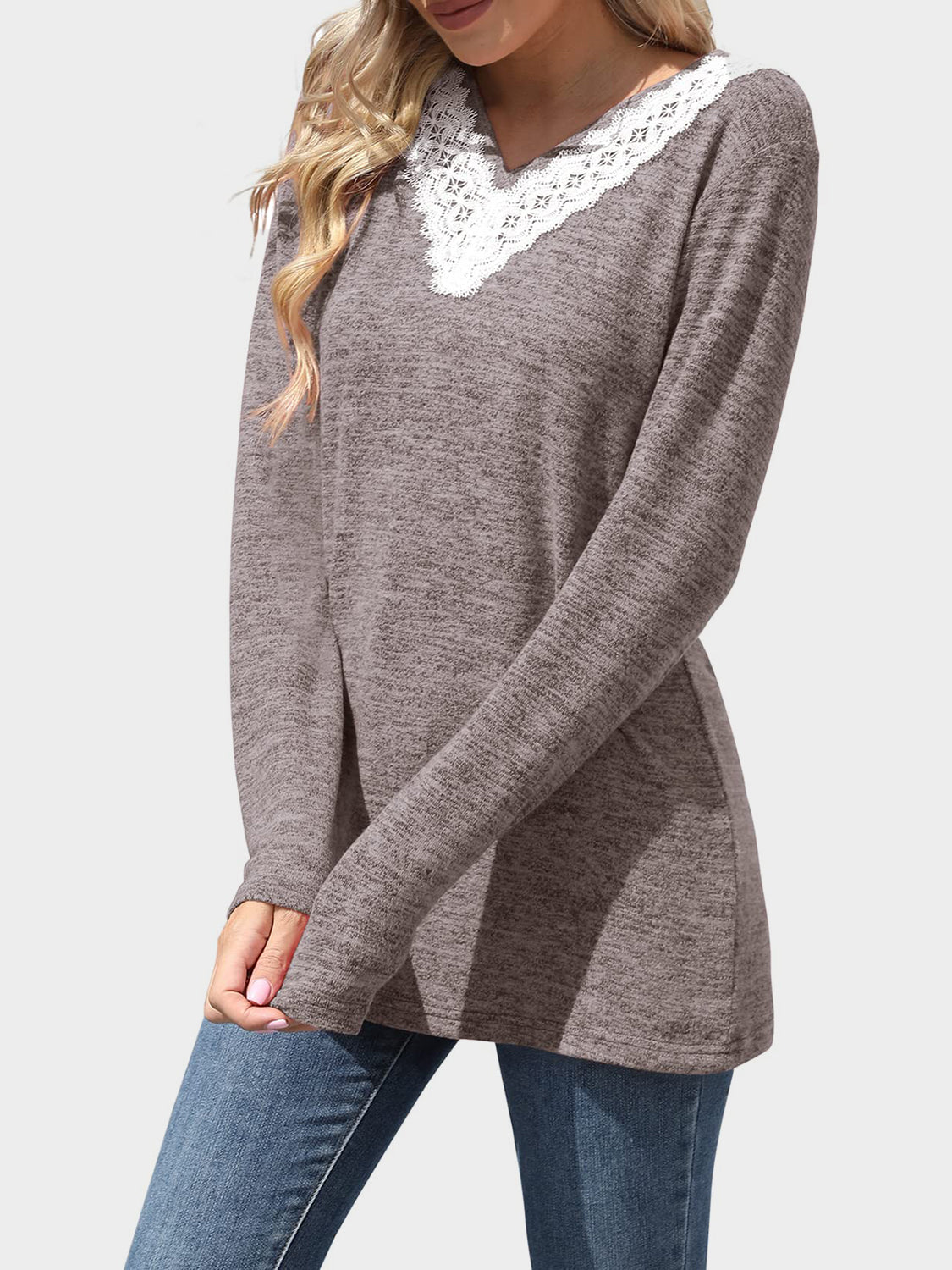 Outfit Flow - Lace Detail V-Neck Long Sleeve T-Shirt