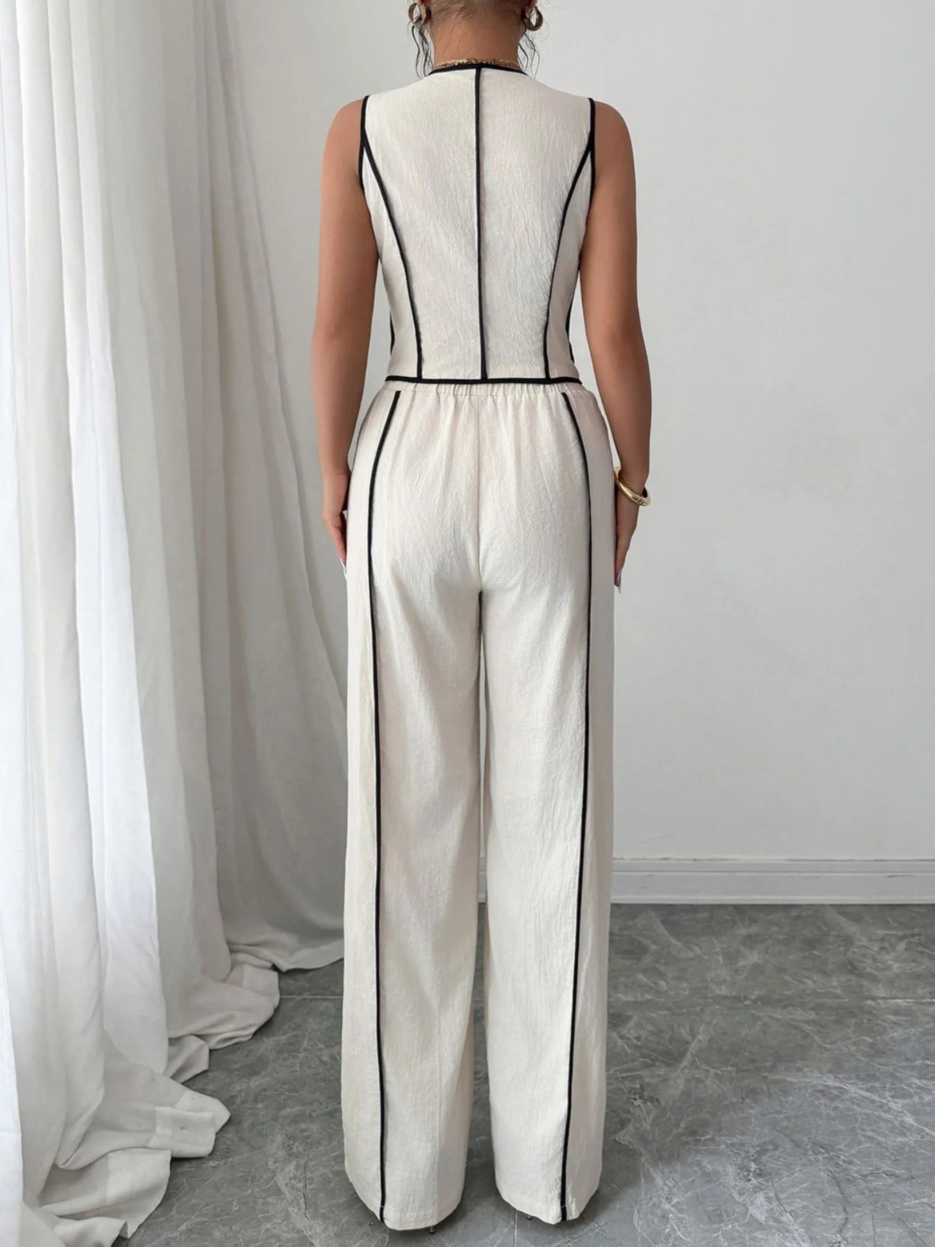 Contrast Trim V-Neck Vest and Pants Set OutfitFlow