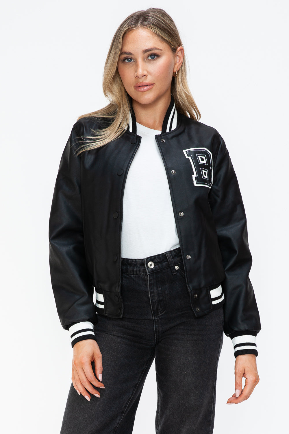 Outfit Flow - Love Me Now PU Leather Contrast Snap Down Bomber Jacket