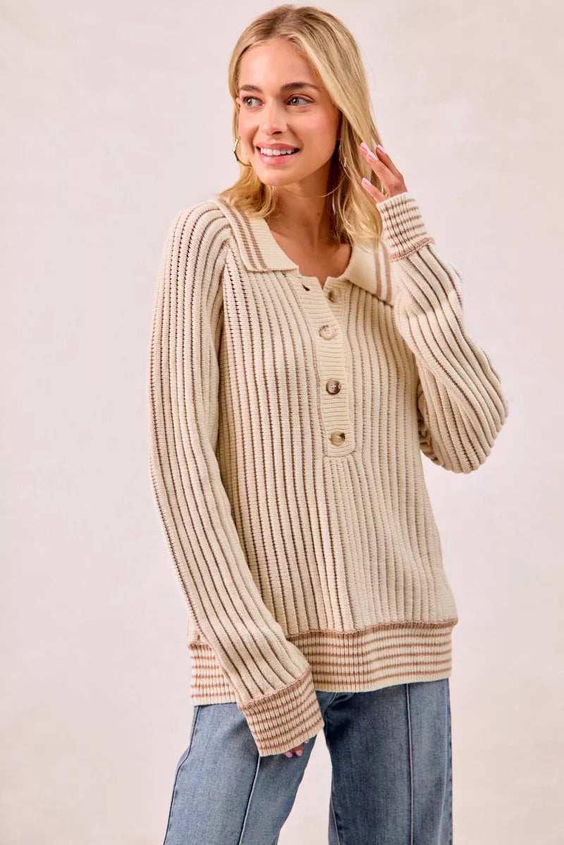 BiBi Half Button Ribbed Two Tone Sweater OutfitFlow