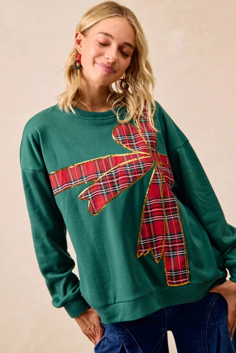 BiBi Plaid Ribbon Bow Detail Christmas Fleece Pullover OutfitFlow