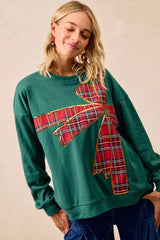 BiBi Plaid Ribbon Bow Detail Christmas Fleece Pullover OutfitFlow