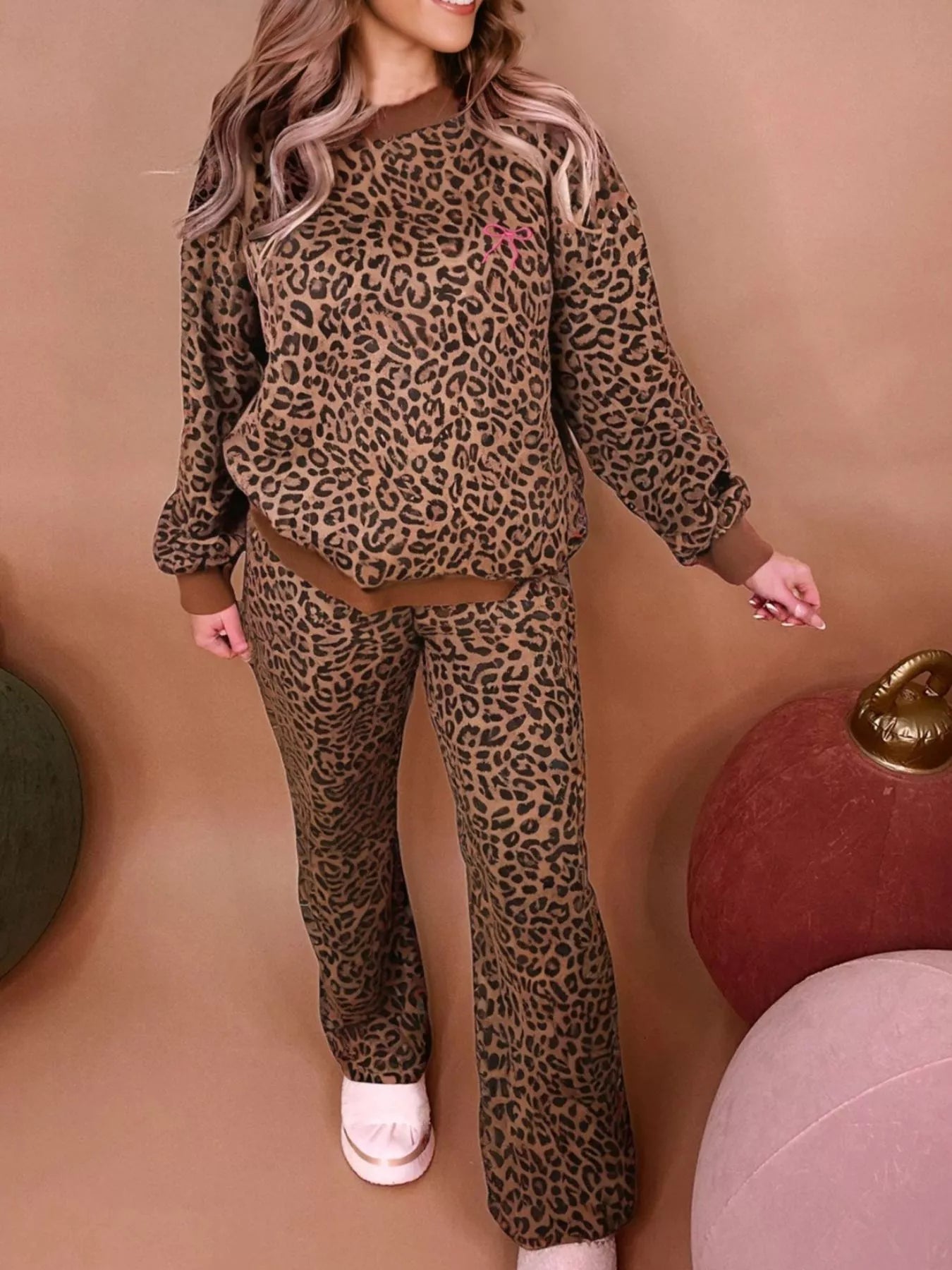 Leopard Print Contrast Trim Long Sleeve Top and Pants Set OutfitFlow