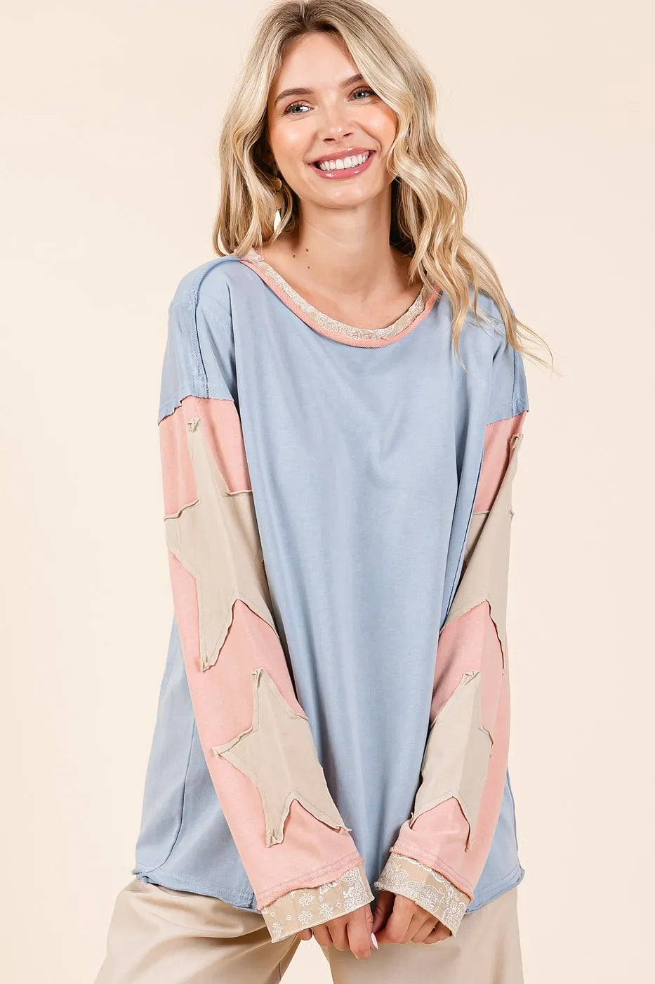 Mittoshop Star Patch Long Sleeve Colorblock Mineral Wash Top OutfitFlow