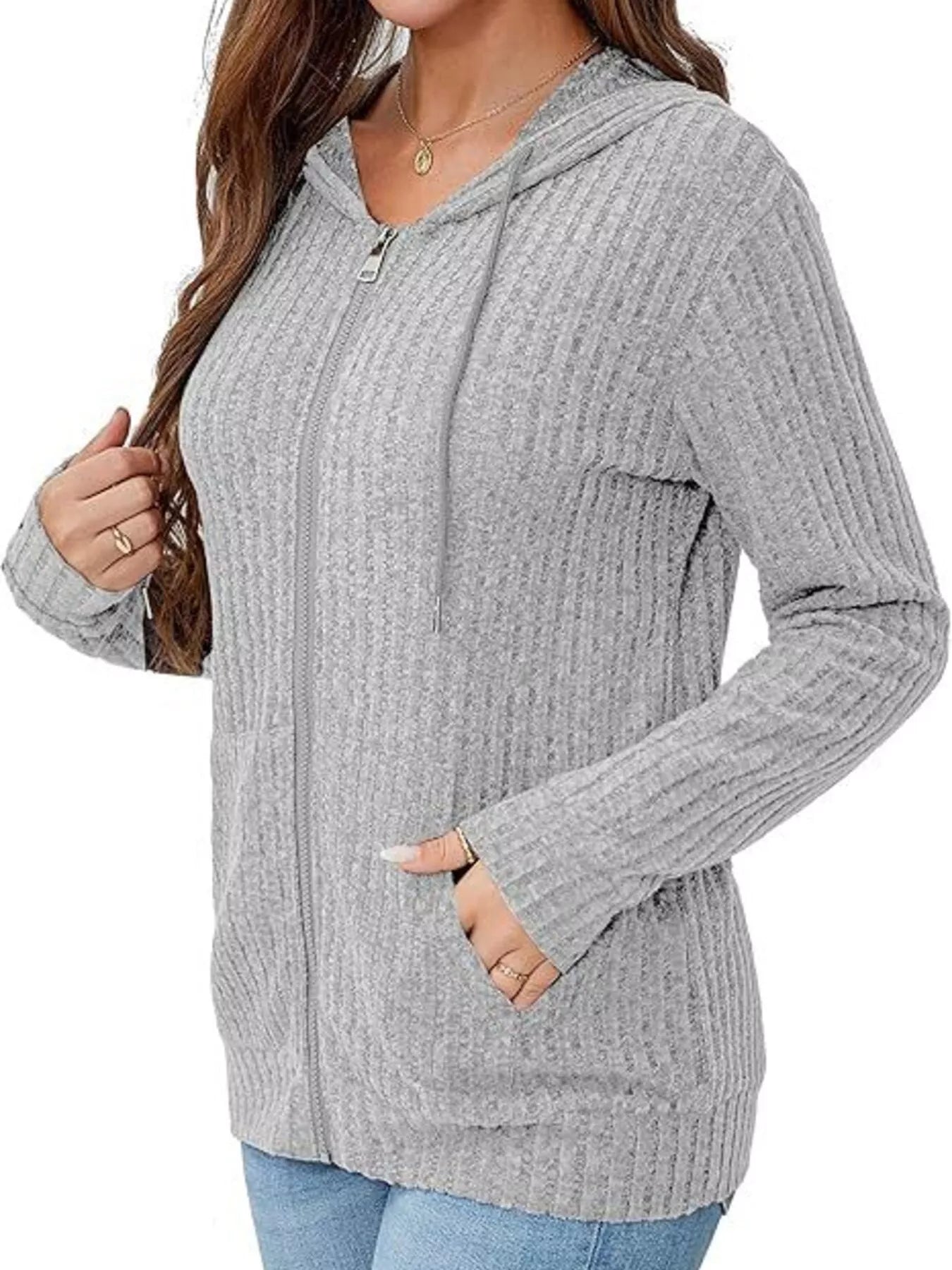 Ribbed Zip Up Hooded Outerwear Trendsi