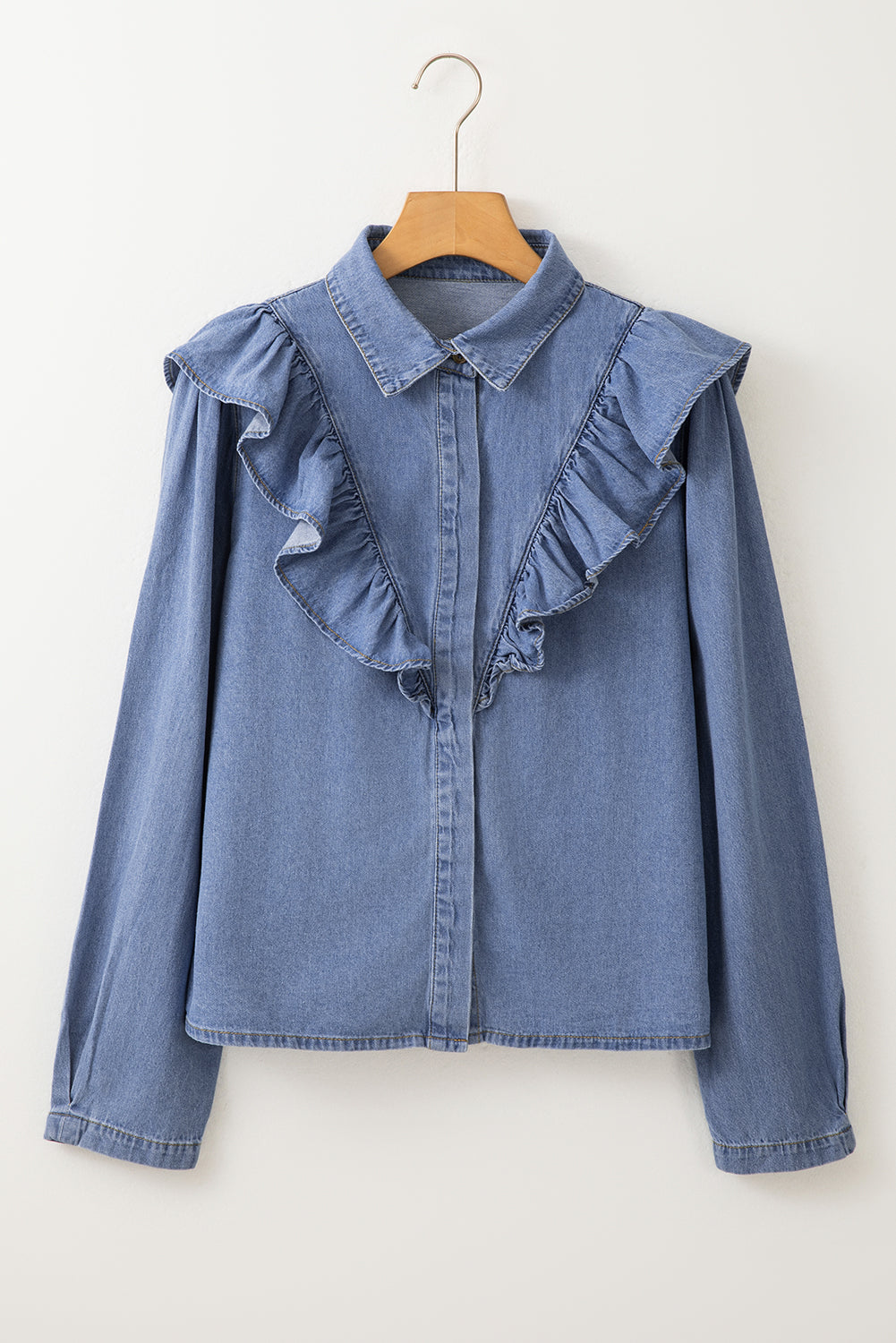 Ruffled Collared Neck Long Sleeve Denim Top OutfitFlow