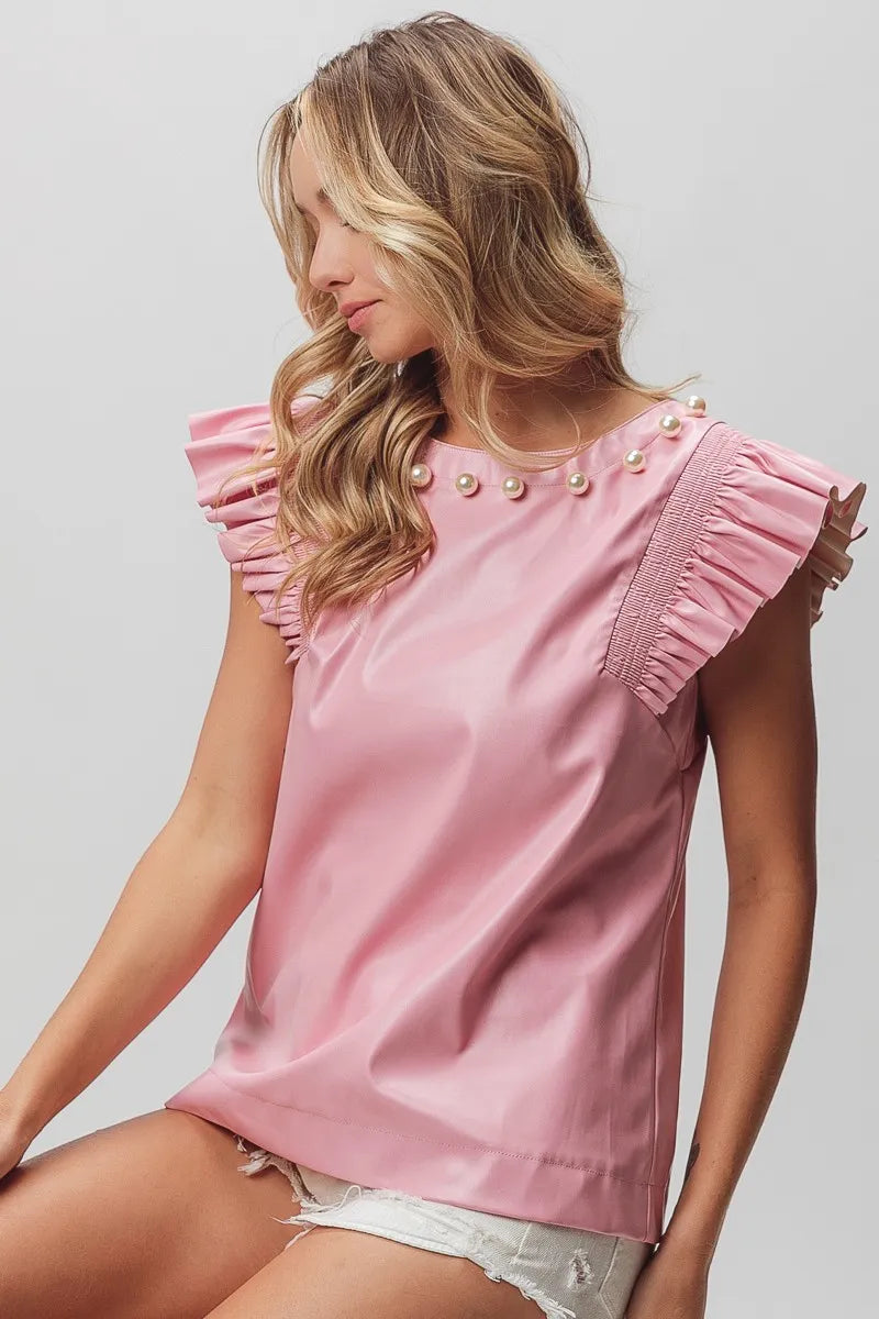 BiBi Leather Smocked Ruffled Top OutfitFlow