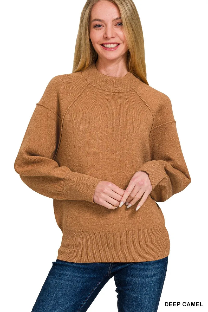 Zenana Viscose Mock Neck Exposed Seam Sweater DEEP CAMEL OutfitFlow