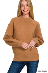Zenana Viscose Mock Neck Exposed Seam Sweater DEEP CAMEL OutfitFlow