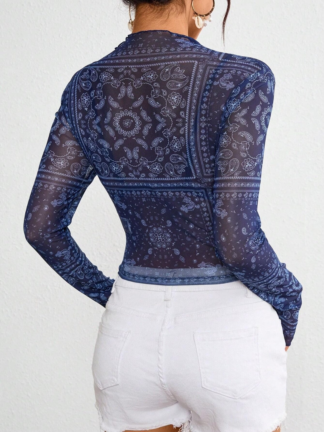Paisley Mock Neck Long Sleeve Sheer Top OutfitFlow