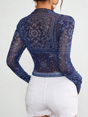 Paisley Mock Neck Long Sleeve Sheer Top OutfitFlow