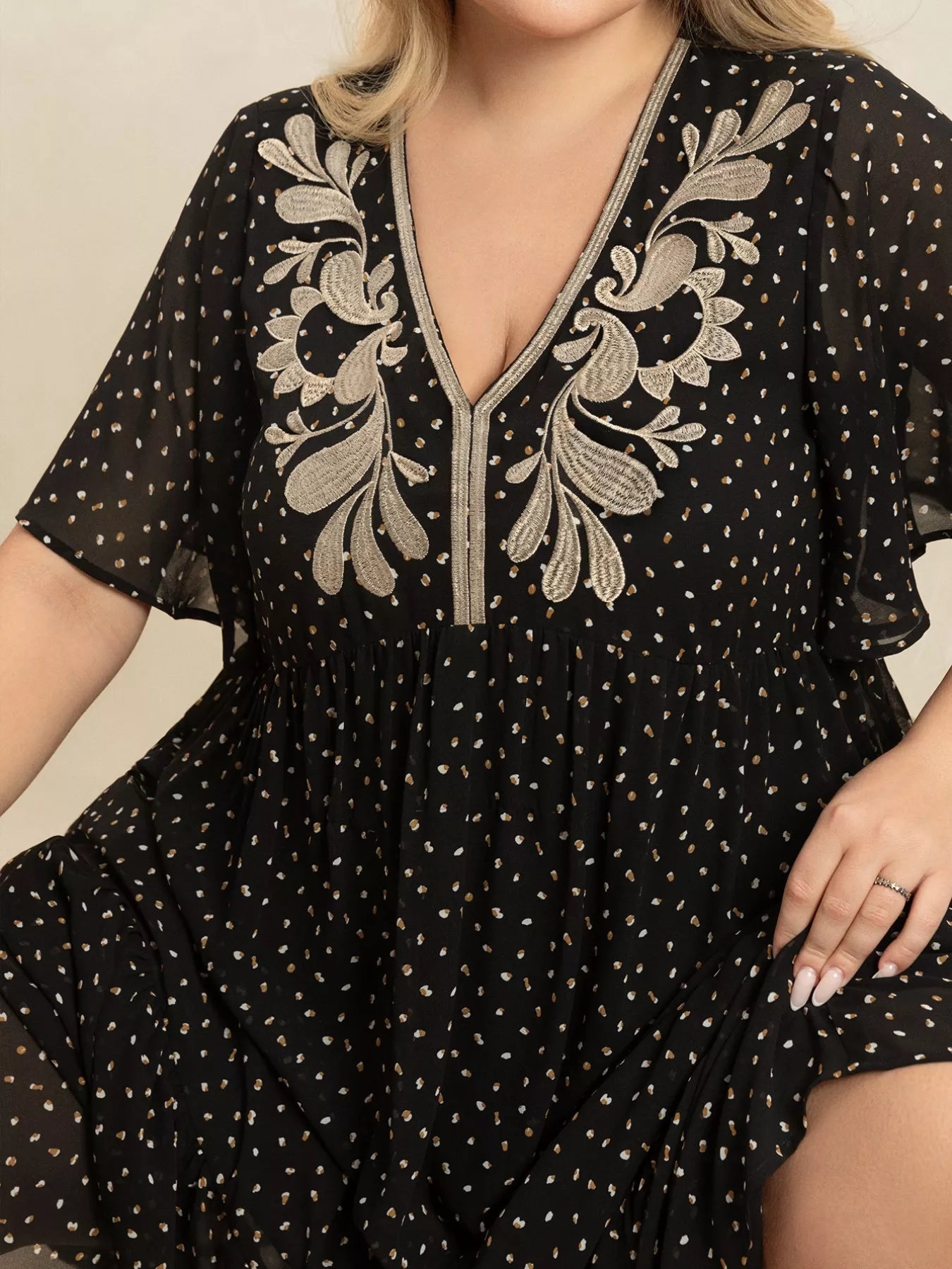 Plus Size Printed V-Neck Flutter Sleeve Maxi Dress OutfitFlow