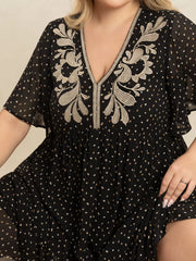 Plus Size Printed V-Neck Flutter Sleeve Maxi Dress OutfitFlow
