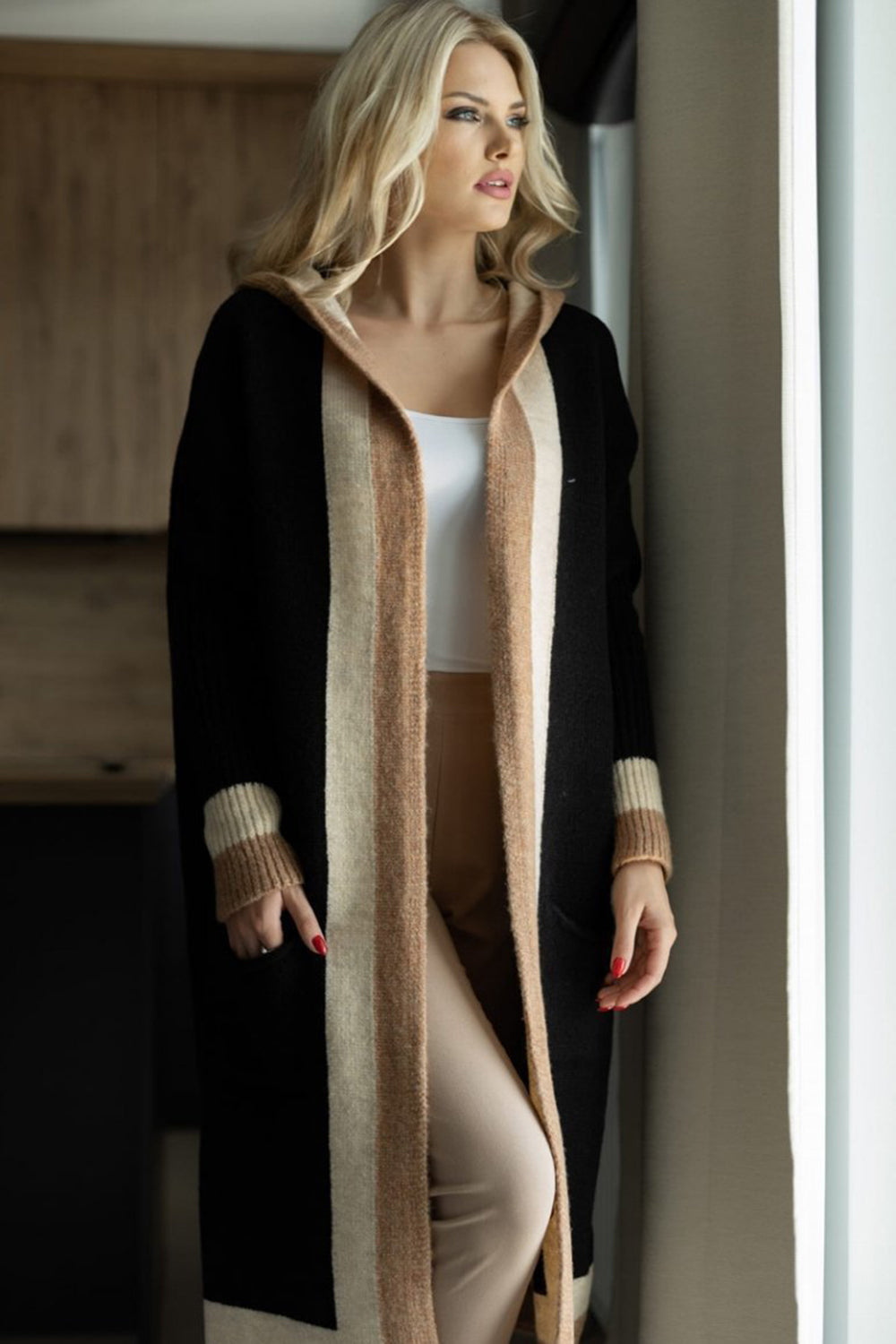 Outfit Flow - Pocketed Contrast Long Sleeve Hooded Cardigan