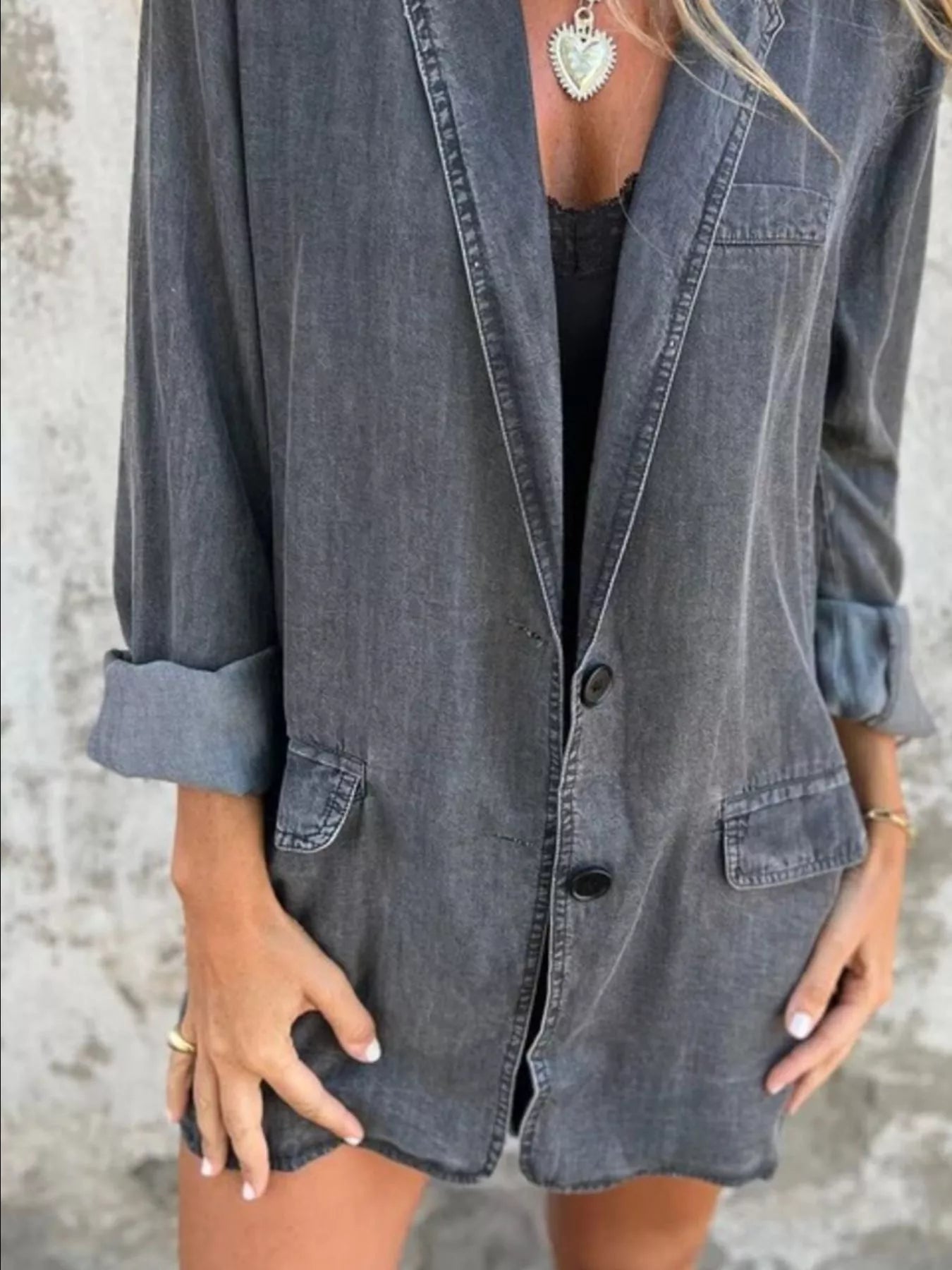 Full Size Button Down Denim Blazer Plus Size Trendsi