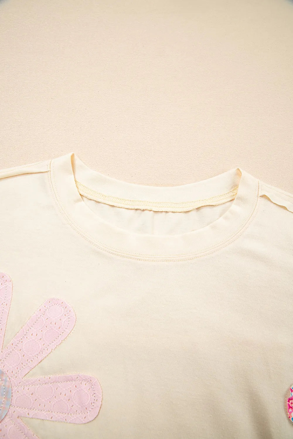 Flower Patched Exposed Stitching Trim Crew Neck Loose Tee OutfitFlow