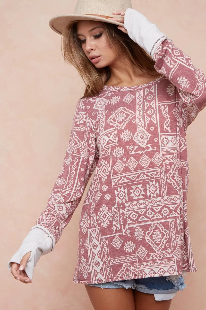 BiBi Aztec Print French Terry Top with Thumb Opening BURGUNDY COMBO OutfitFlow