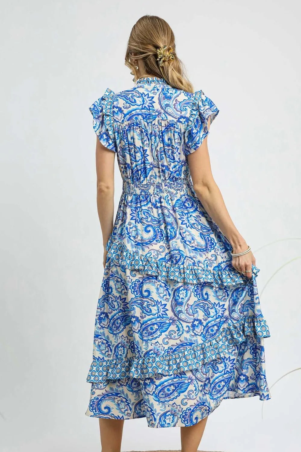 Umgee Paisley Print Ruffle Sleeve Midi Dress OutfitFlow