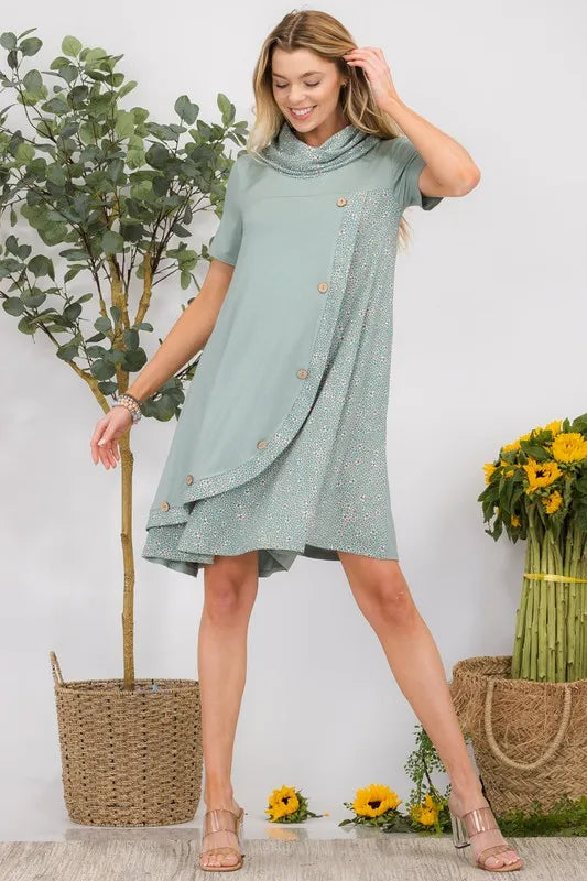 Celeste Full Size Decor Button Short Sleeve Dress with Pockets Plus Size Sage OutfitFlow