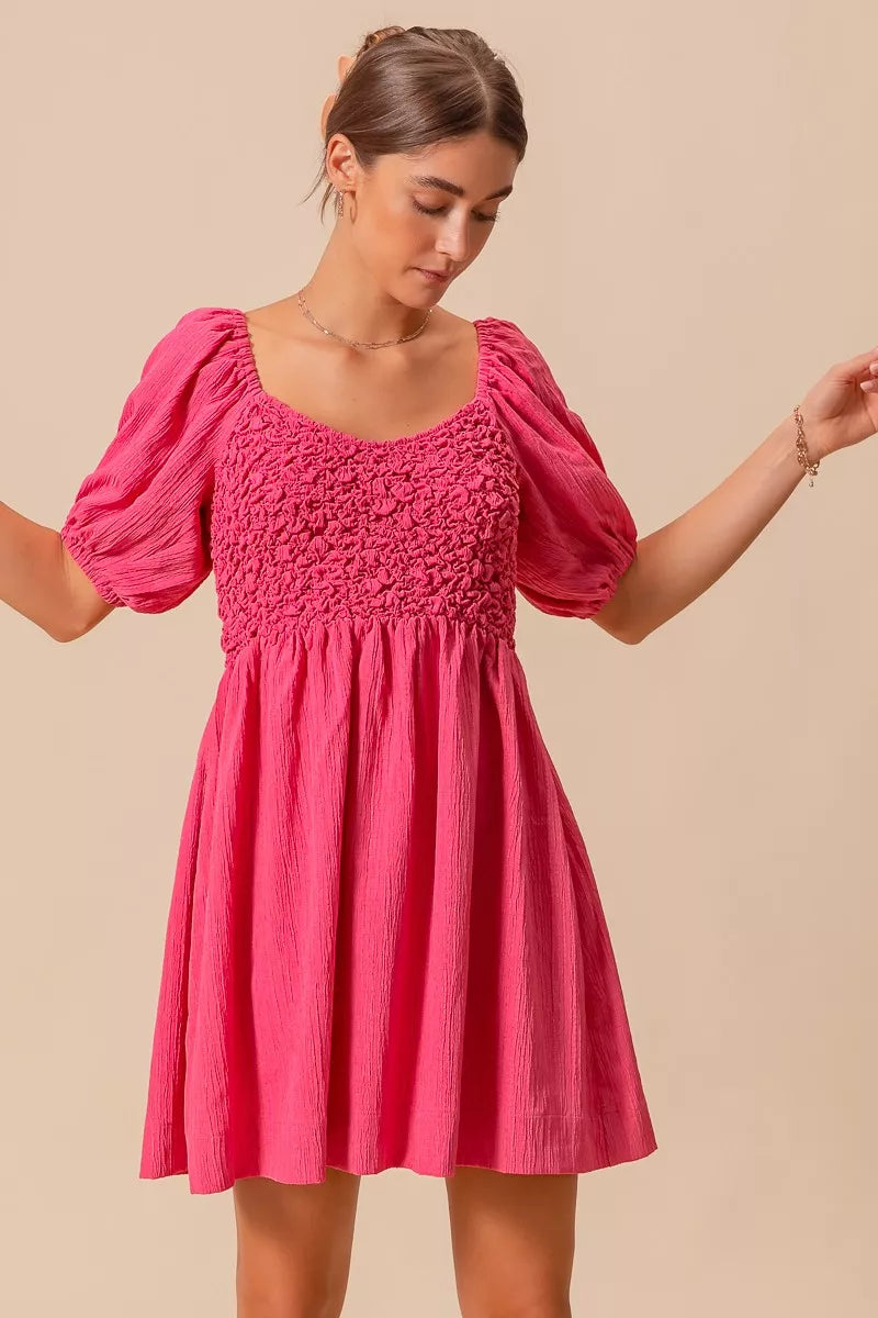 SO ME Textured Woven Daily Dress with Puff Sleeves OutfitFlow