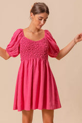 SO ME Textured Woven Daily Dress with Puff Sleeves OutfitFlow