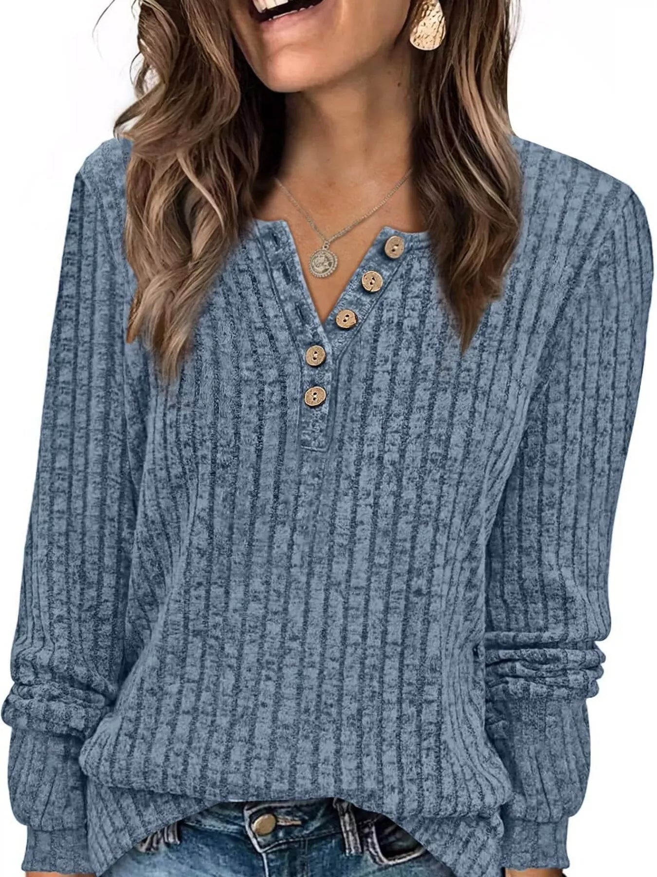 Ribbed Knit Button-Front Long Sleeve T-Shirt OutfitFlow