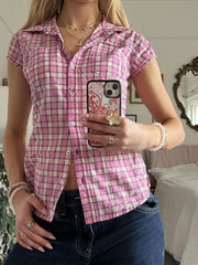 Plaid Cap Sleeve Button-Up Shirt OutfitFlow