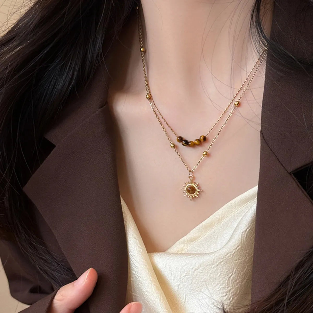 Tiger's Eye Copper Double Layered Necklace OutfitFlow