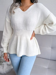 V-Neck Dropped Shoulder Sweater OutfitFlow
