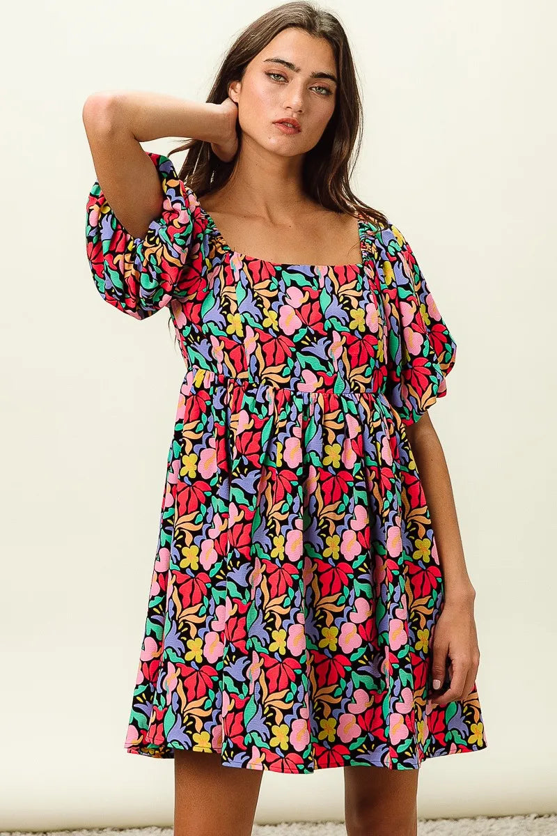 BiBi Floral Print Puff Square Neck Dress OutfitFlow