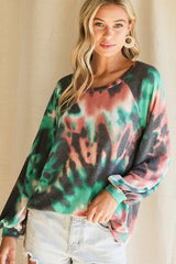 BiBi Tie Dye Print Terry Top with Puff Sleeves OutfitFlow