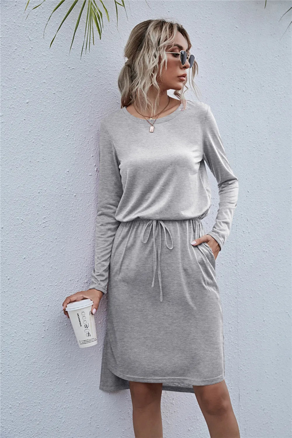 Drawstring Waist Round Neck Long Sleeve Dress OutfitFlow