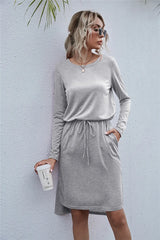 Drawstring Waist Round Neck Long Sleeve Dress OutfitFlow