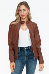 Outfit Flow - Snobbish Faux Leather Biker Jacket with Side Zip Pockets