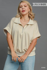 Umgee Full Size Half-Zip Short Sleeve Top Plus Size OutfitFlow