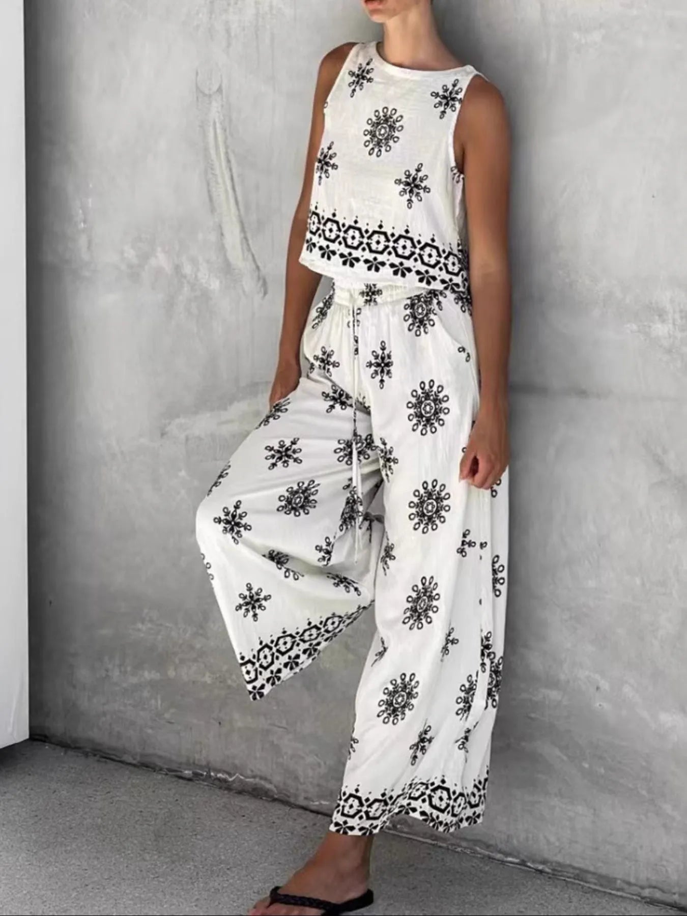 Printed Tank and Wide Leg Pants Set OutfitFlow