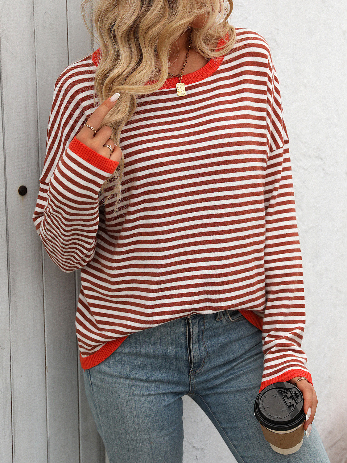 Outfit Flow - Mandy Striped Round Neck Long Sleeve Sweater