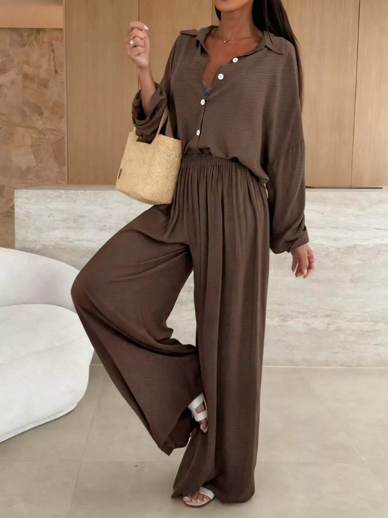 Long Sleeve Shirt and Wide Leg Pants Set OutfitFlow