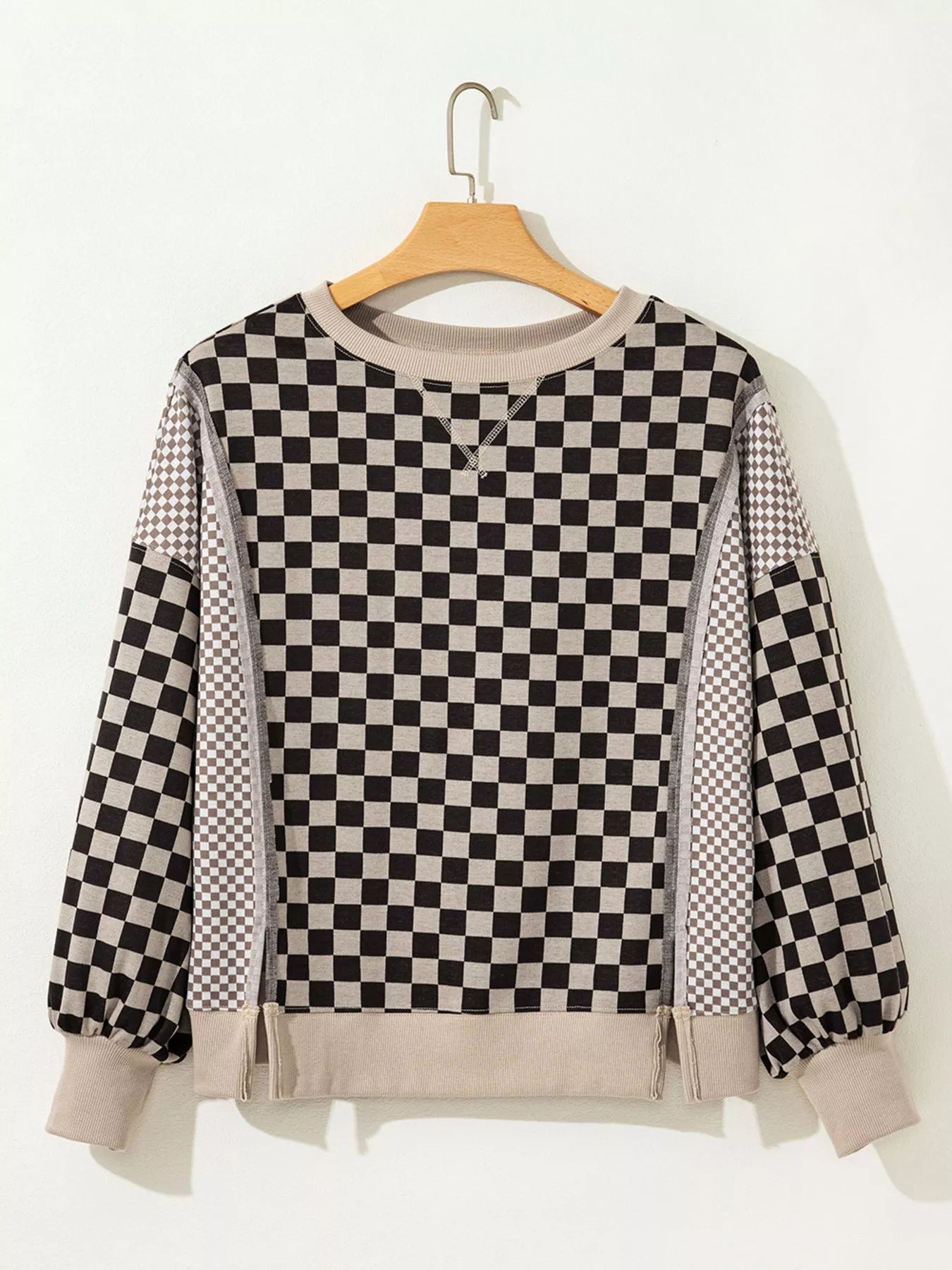 Mixed Checkered Pattern Patchwork High Low Casual Top OutfitFlow