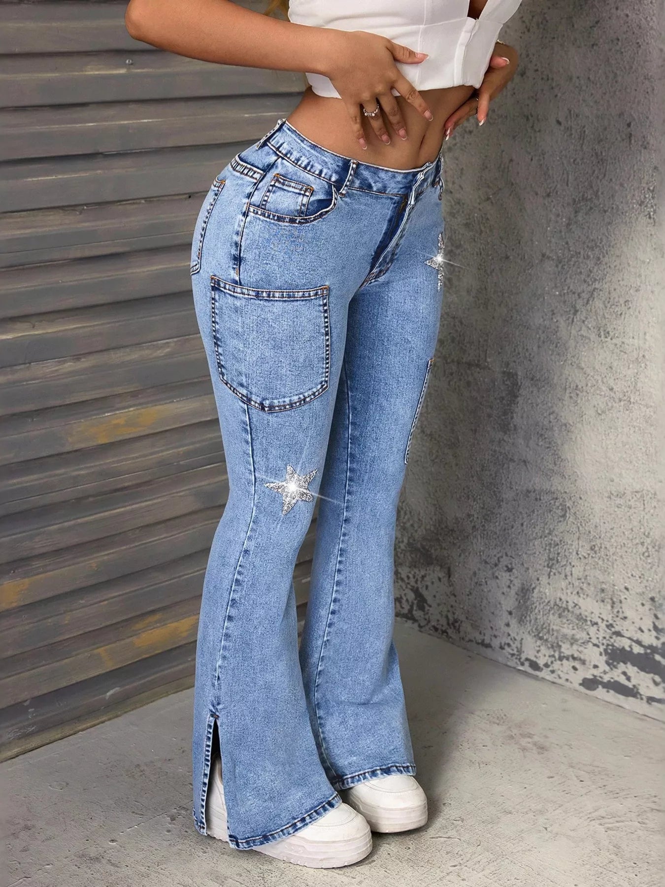 Slit Star Flare Leg Jeans OutfitFlow