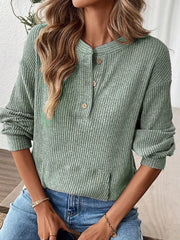 Ribbed Button Detail Long Sleeve T-Shirt OutfitFlow