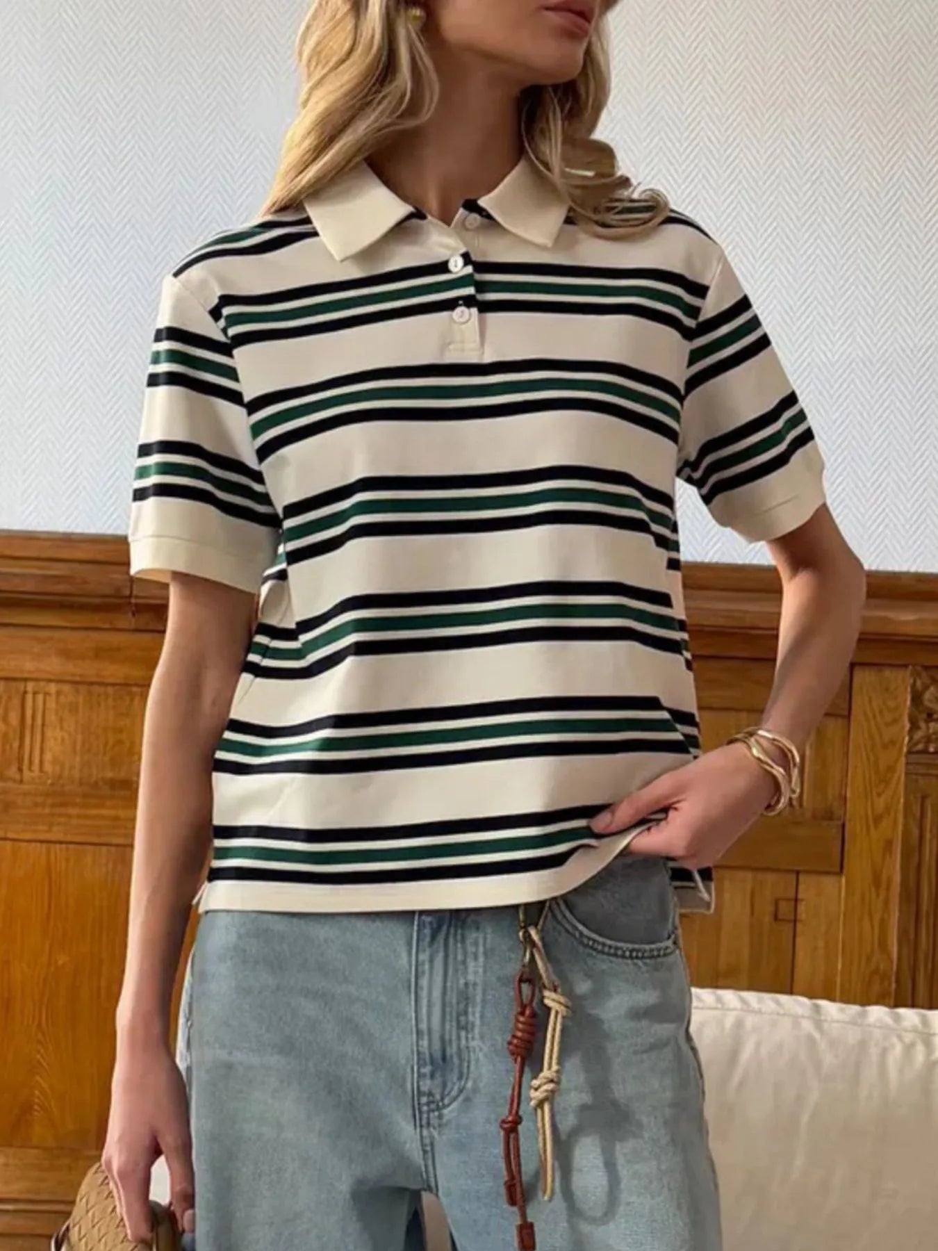 Striped Polo T-Shirt with Contrast Collar Green OutfitFlow
